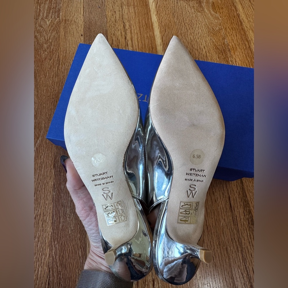 Stuart Weitzman Eva 50 Slingback Pumps Metallic Silver Leather NIB Sz 6.5 / 37 - Picture 7 of 10